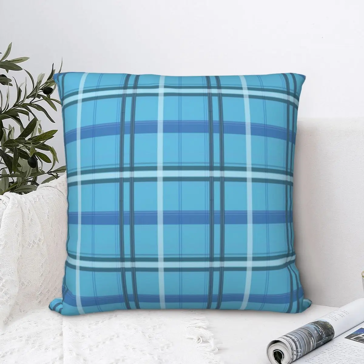 Funda de almohada cuadrada a cuadros de poliéster, cojín de terciopelo, decoración cómoda para sofá y hogar, color azul