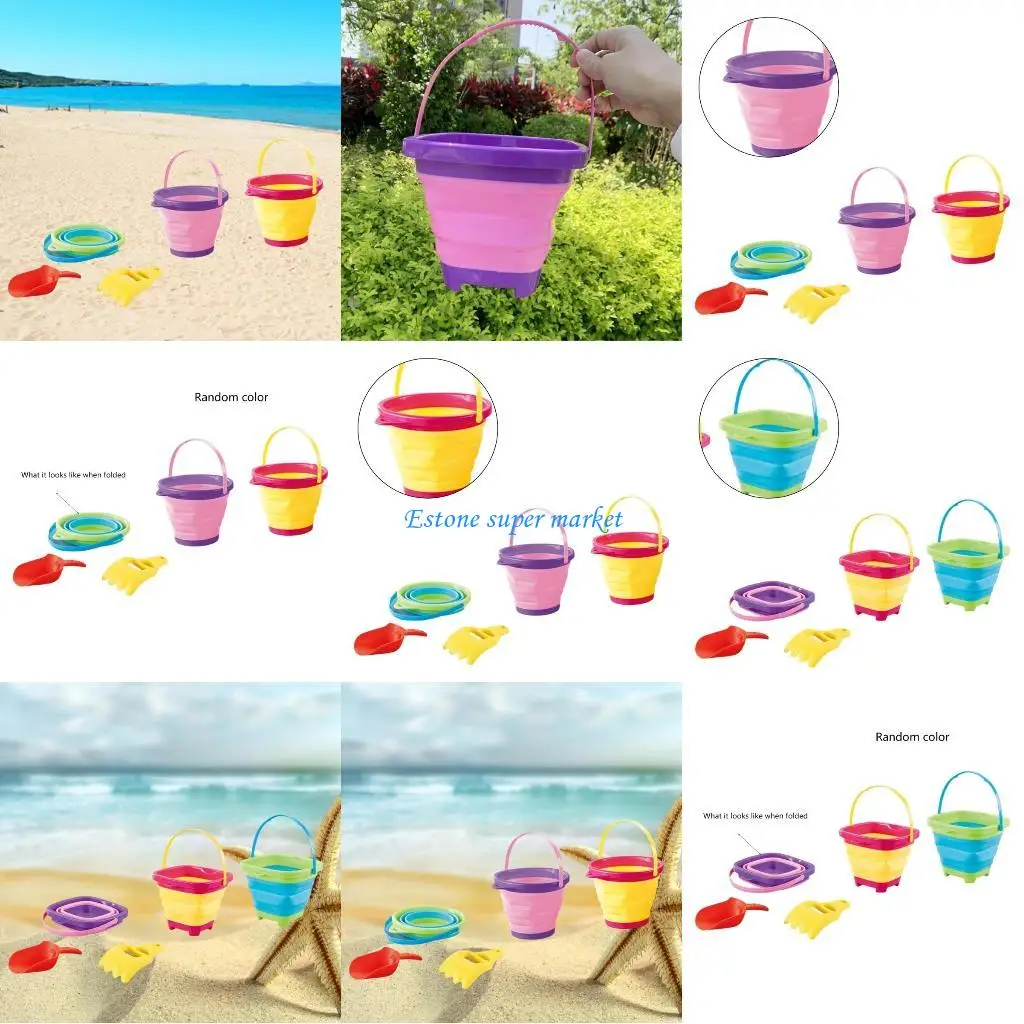 

090B 3PCS Kids Sand Building Set Foldable Bucket Building Sandcastle Rake Shovel Toy