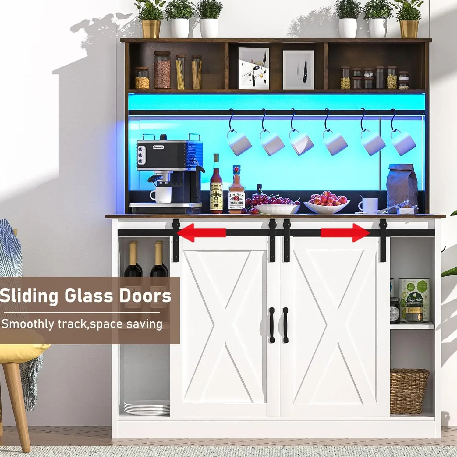 LED Bar w/60000-color LED Lights, 6FT Outlet,Adjustable Shelf.Tea/Liquor/Wine Bar Cabinet w/9PCS Bottles Storage, 6PCS Hook