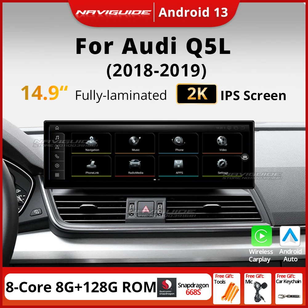 NAVIGUIDE 14.9'' Android 13 Wireless Carplay Auto For Audi Q5L LHD 2018-2019 Car Multimedia Player DSP Headunit BT Navigation 