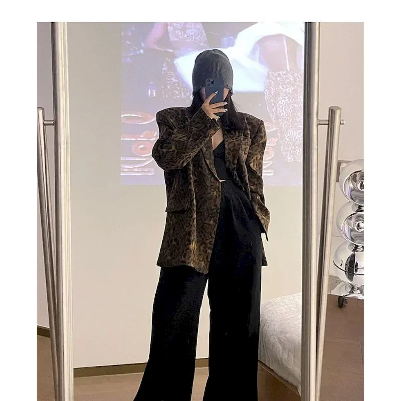 UNXX Spring Autumn Leopard Print Oversize Casual Blazer New Lapel Long Sleeve Loose Fit Jacket Women Fashion Coat Women Clothing