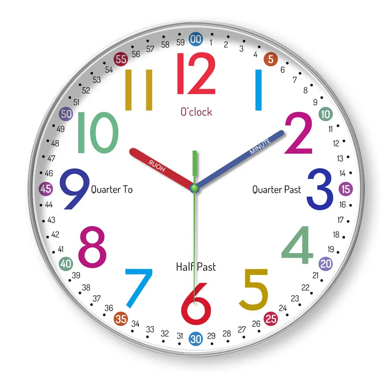 

12 inch Early Childhood Education Clock Mute Home Living Bedroom Wall Punch-free Battery Powered Electronic Color Clock