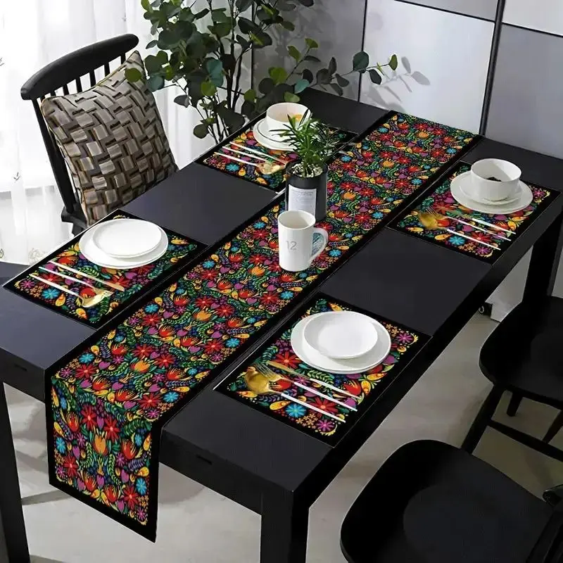 VIKAMA Bohemian Floral Table Flag Placemat Set Waterproof And Oil Resistant Kitchen Dining Table Mat Home Decoration