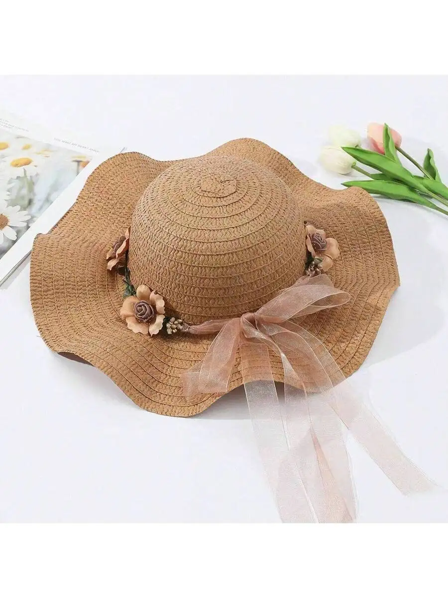 1pc Women's Flower Decorated Woven Straw Hat With Wide Brim And Adjustable Headband For Sun Protection, Suitable For Daily