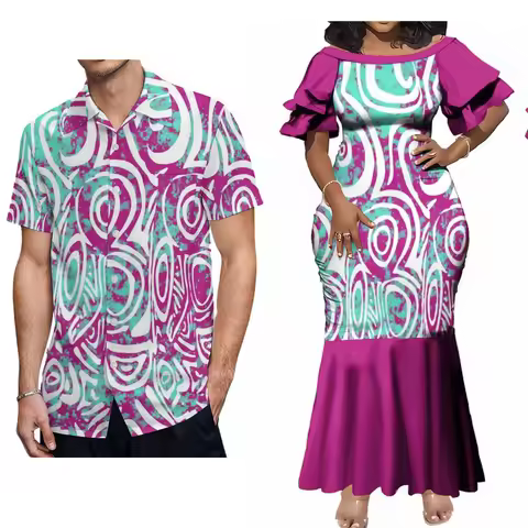 Hawaiian Men'S Casual Pocket Shirt Fiji Women Fashion Sheath Dress Dinner Festival Fishtail Evening Dress Pacific Island Design