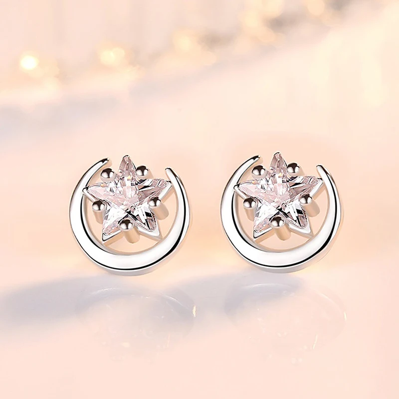 

Женские минималистичные милые серьги-гвоздики с яркими кристаллами циркония, медные, в форме звезды и луны, геометрические, маленькие, для ежедневного ношения, украшения для пирсинга ушей