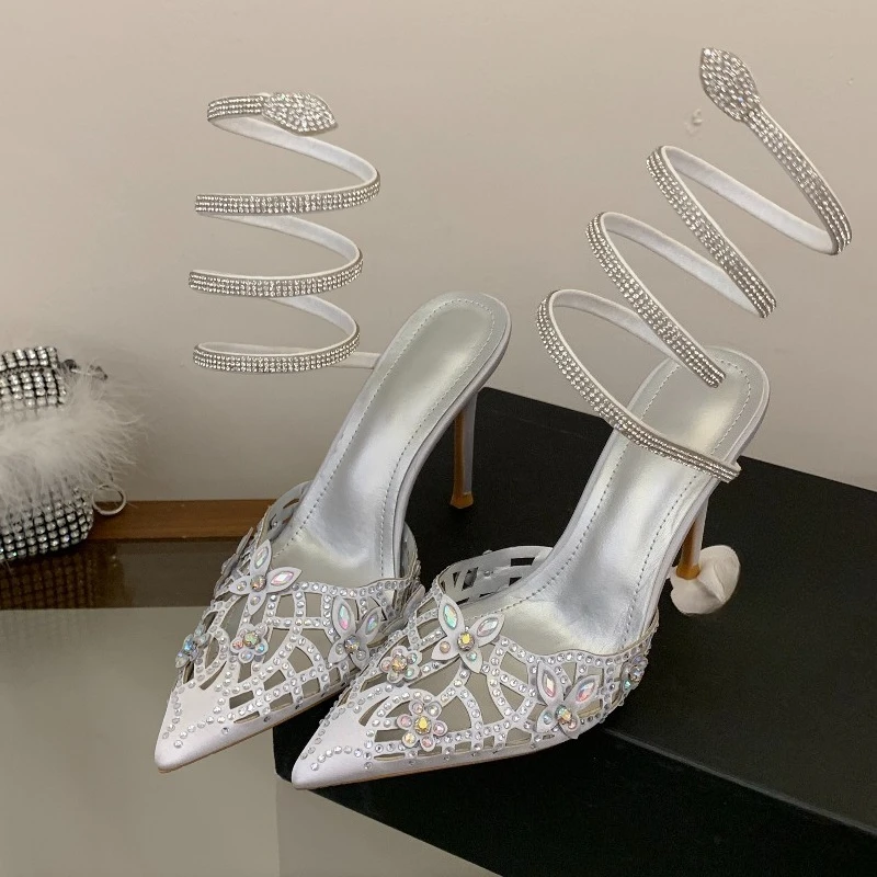 Ladie Hollow Butterfly Rhinestone Sandals Pointed Toe Spiral Snake Wrap Ankle Strap Stiletto High Heel For Wedding Banquet Dress