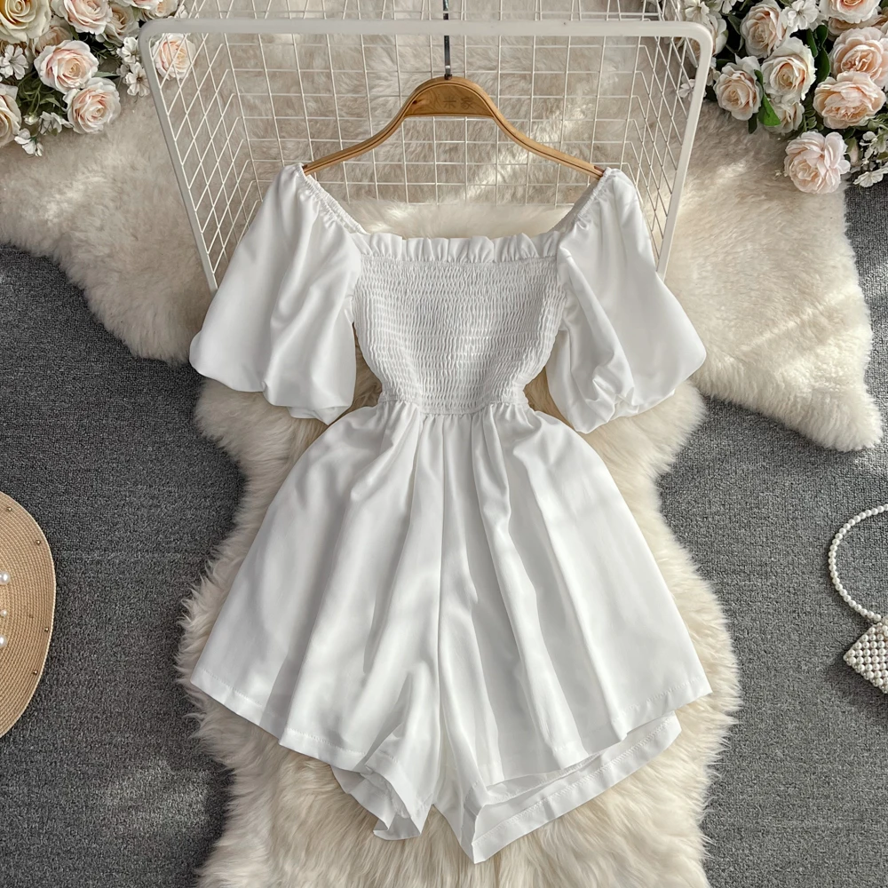 French Elegant Ladies Playsuits Casual Square Collar Puff Short Sleeve High Waist Wide Leg Shorts Solid Women Summer Clothes