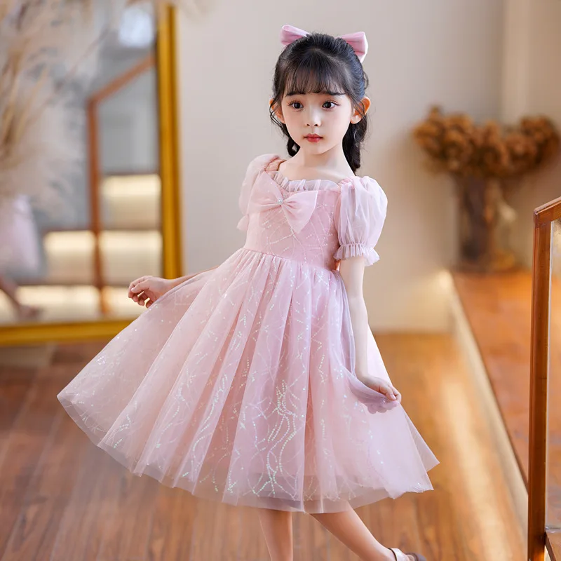 

Girls' Summer Dress Puff Short Sleeve Bowknot Princess Dress White Sequin Embroidery Children's Day Performance Dress