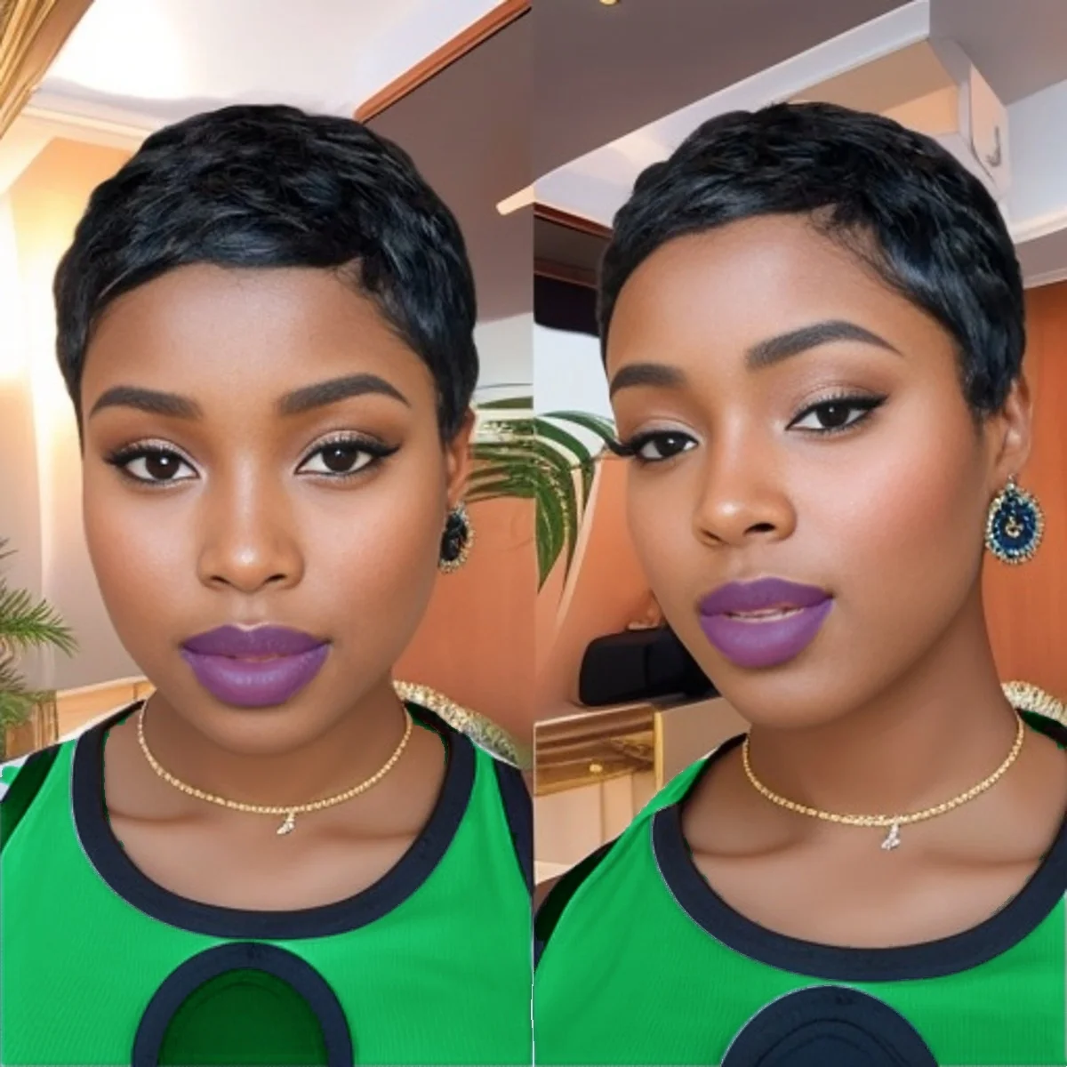 

Short Pixie Cut Human Hair Wig Layered With Bangs Full Machine Made Wigs Daily Use Color for Black Women