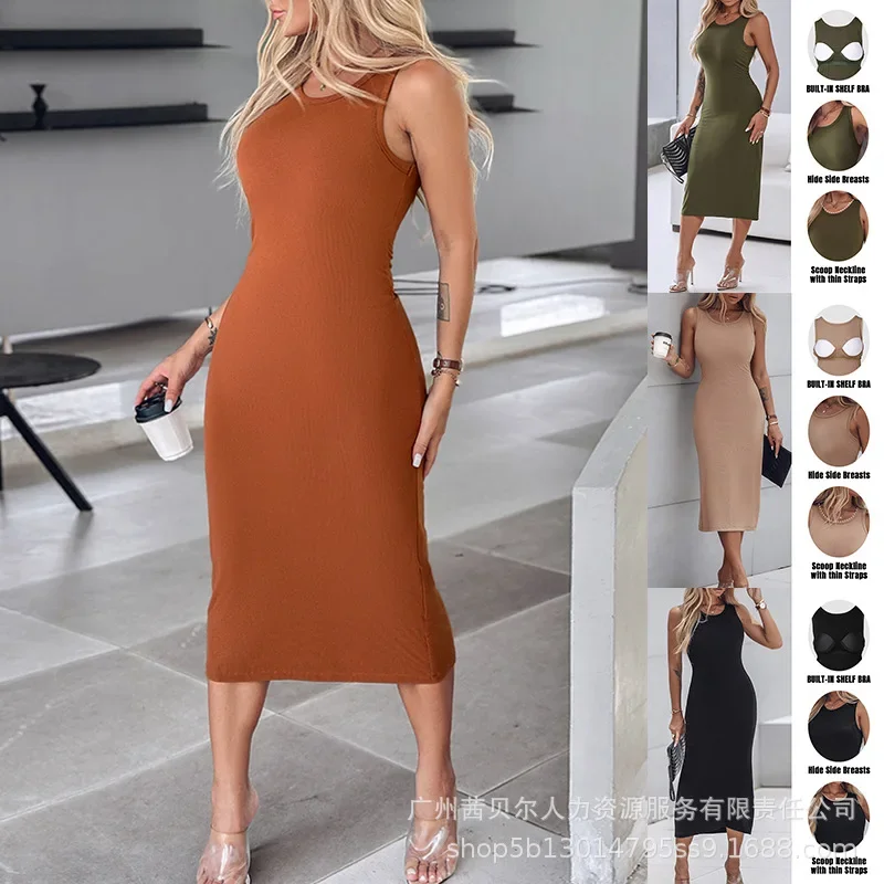 Sleeveless Built-in Bra Ribbed Mid-Calf Bodycon Tank Dress Women Slim Solid Color Long Dress Sexy O Neck