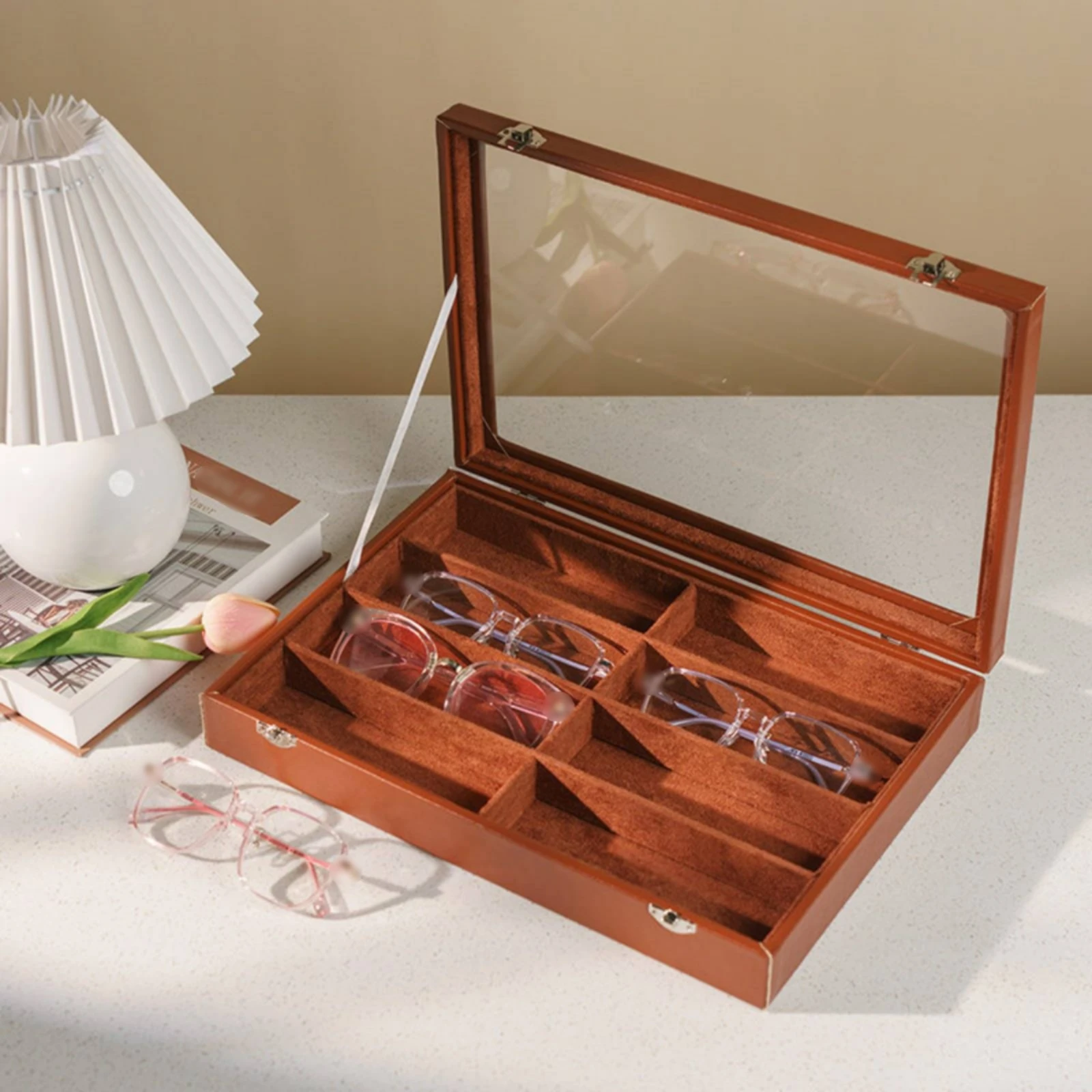 

8 Compartment Eyewear Case Velvet Velvet-Lined 8-Slot Glasses Box Sunglasses Storage Box Clear Top Leather Glasses Case