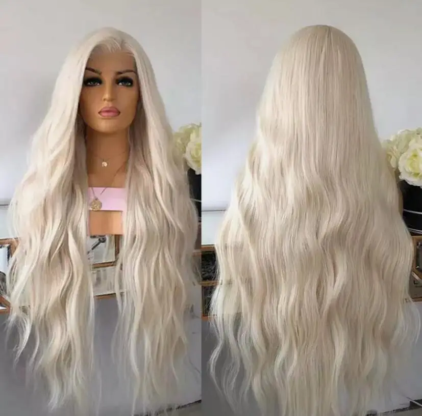 Platinum blond Lace front wig Natural wavy Synthetic hair Heat resistant Long