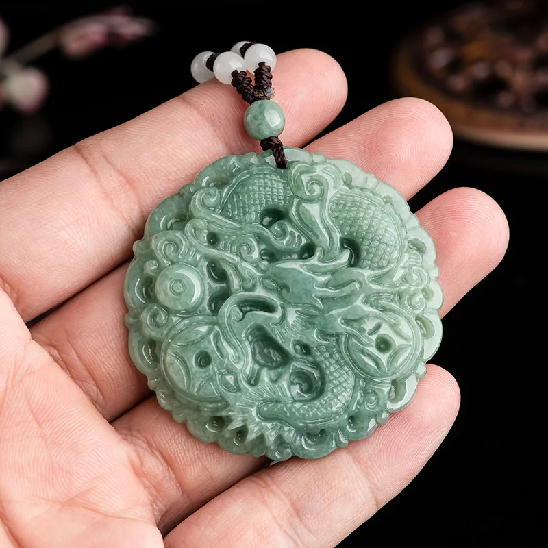 Natural A-grade Jadeite Attracting Wealth Transporting Dragon Signs Zodiac Pendants Ice Jade Necklaces Men's Women's Jewelry