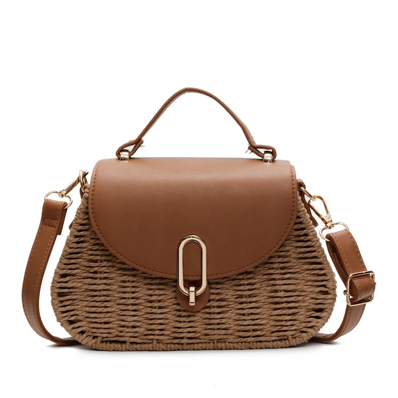 

Straw Beach Bag PU Leather Summer Shoulder Bag Flap Clutch Purse Top Handle Purse for Women