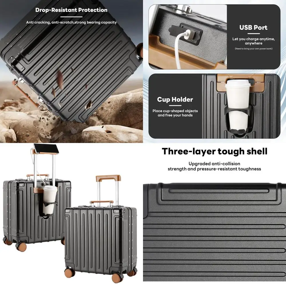 

18 Inch TSA Approved Hardside Spinner Suitcase with USB Port, Phone Holder, and Cup Holder