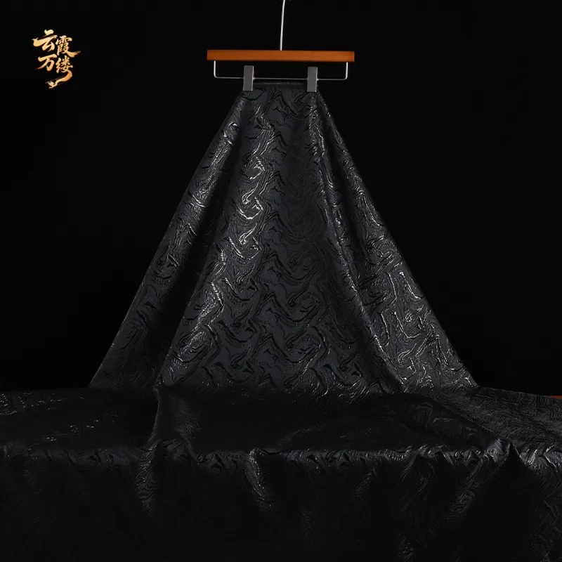 Oil gloss three-dimensional relief clothing Hanfu black jacquard designer wavy plain pattern double-sided cheongsam fabric