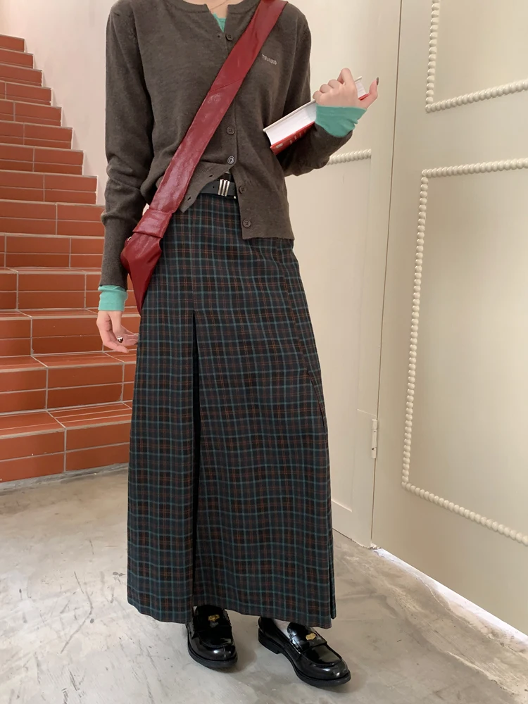 

4Colors SML High Waist Vintage Style Long Pleated skirt women Autumn 2024 Girls Plaid A-Line Long skirts Female(X3518)