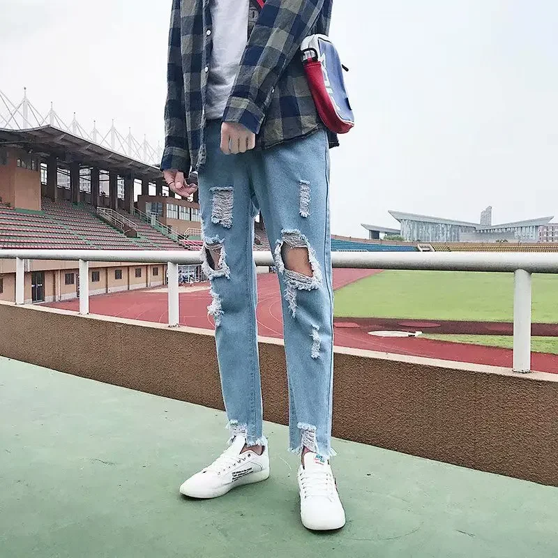 

Foufurieux American High-end High-street Style Men Ripped Jeans Men Korean Trendy Loose Versatile Casual Nine-point Pants Urban