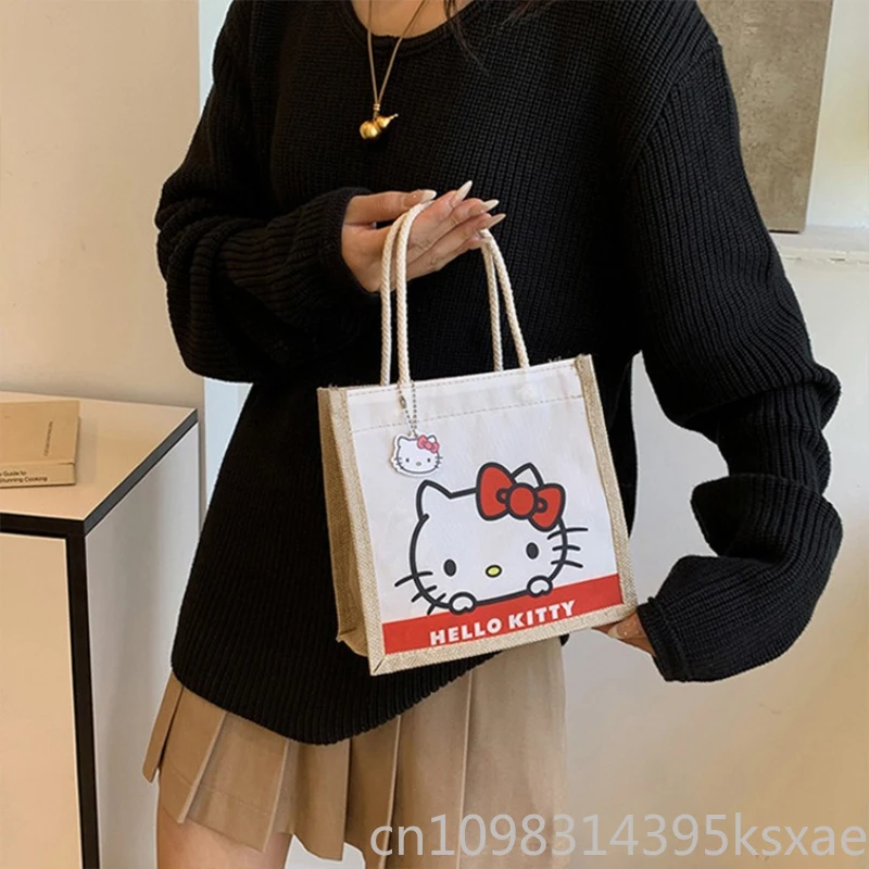 Sanrio Hello Kitty Handbag Flax Large Capacity Tote for Women Girl Kawaii Melody Printing Cartoon Lightweight Shoulder Bag