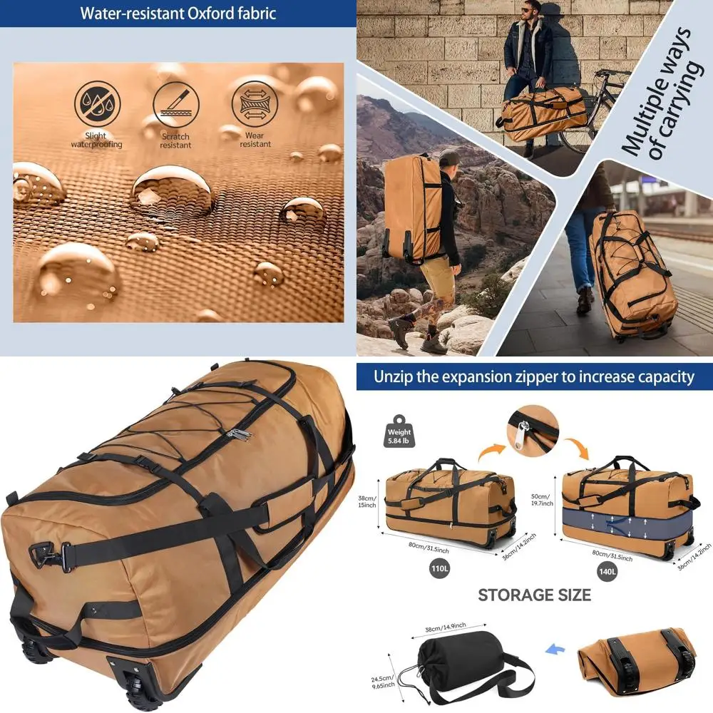 

Expandable 110-140L Soft-Sided Wheeled Duffel Bag, 32 Packable Carry-On with Pockets & Dividers (Brown)