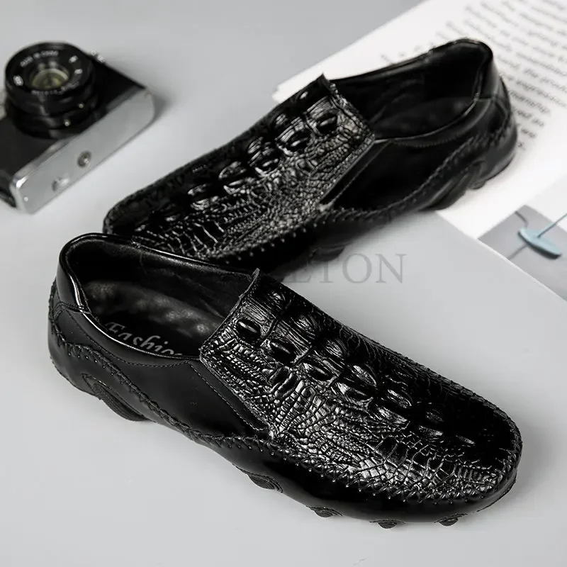 Crocodile Pattern Man Loafers High Quality Genuine Leather Driving Shoes Men\'s Non-Slip Sneakers Casual Walking Shoes