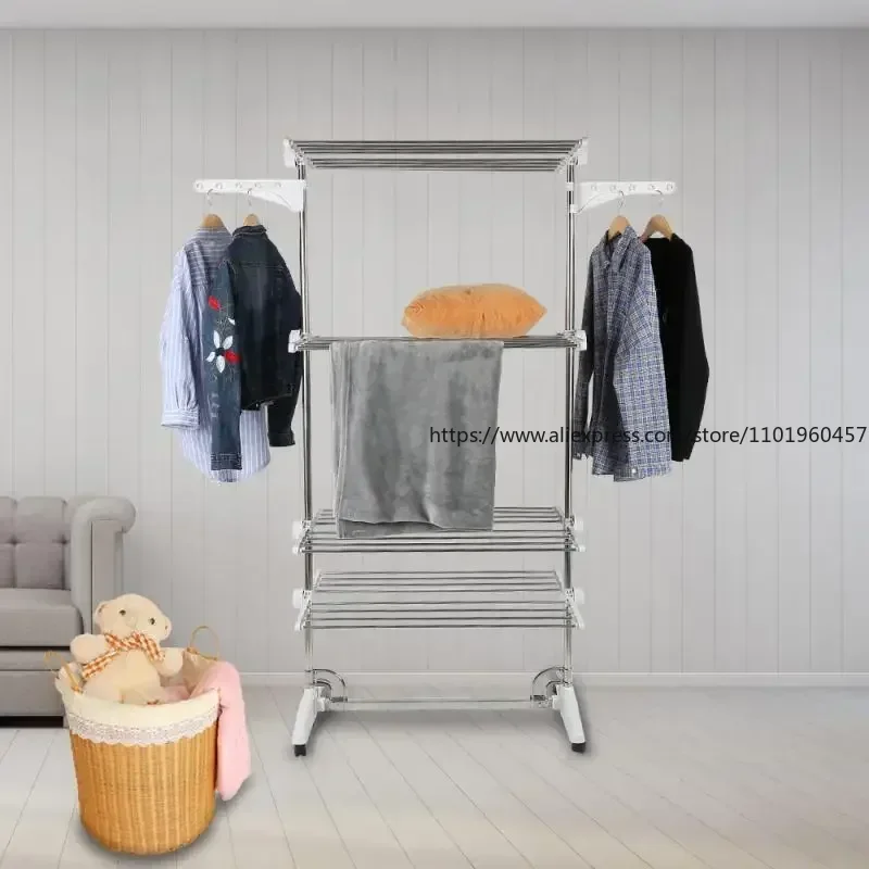 Stainless Steel Drying Rack Foldable Feet Four-layer Pulleys Movable Space-saving Household Clothes Storage Supplies