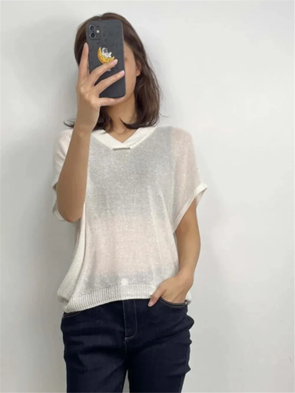 2024 Summer B*C Sequin Linen Silk T-Shirt V-Neck Knitwear Short-Sleeved Thin Tops  Blouse