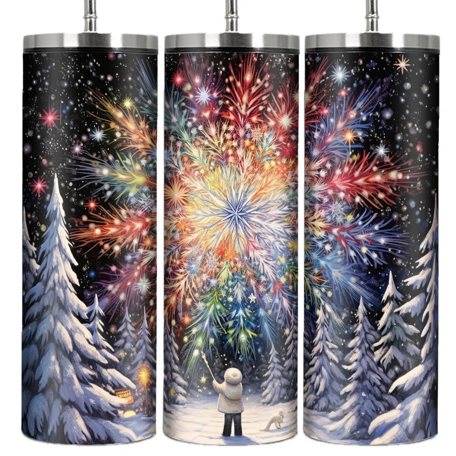 Christmas Water Bottle Straw Lid 1Pc 20oz Stainless Insulated Coffee Cups Print 3D Xmas Tree Firework Party Bottle Birthday Gift