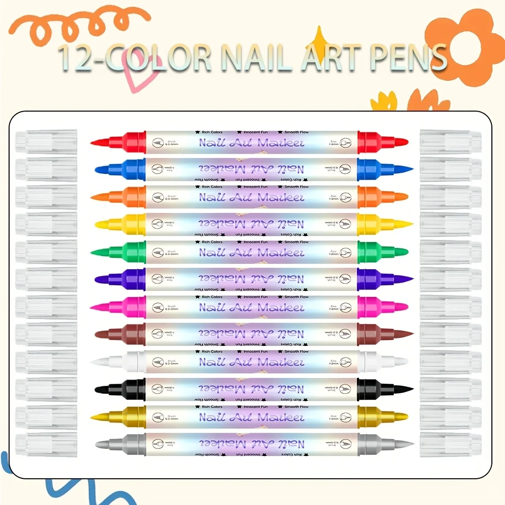 12 Colors Nail Art Pen Set 24 Stencils Double Ended Nail Drawing Marker Fast Drying DIY Manicure Decoration Tool for Creative