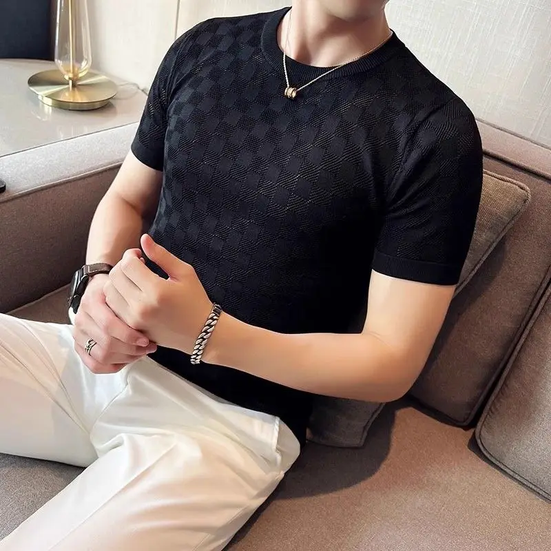 American new light luxury knitted sweater short-sleeved T-shirt men's summer hollow breathable plaid slim-fitting versatile