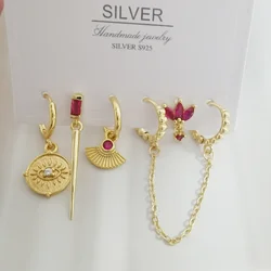 6 Pcs Shiny Rosered Crystal Zircon Flower Drop Set For Women Small Hoop Earrings Punk Accessories Jewelry