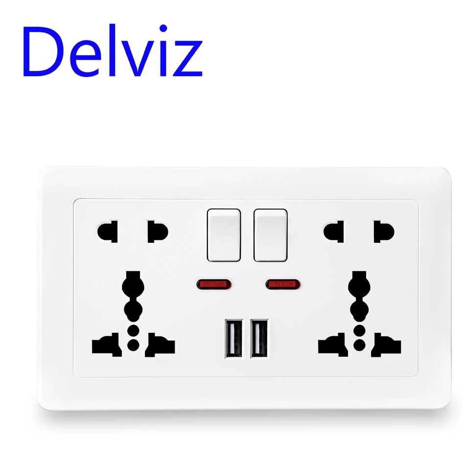 Delviz USB charging socket, 2.1A Dual USB Port, AC 110-250V, 13A Wall-mounted Multi-functional USB power Universal 5 Hole Outlet image 3