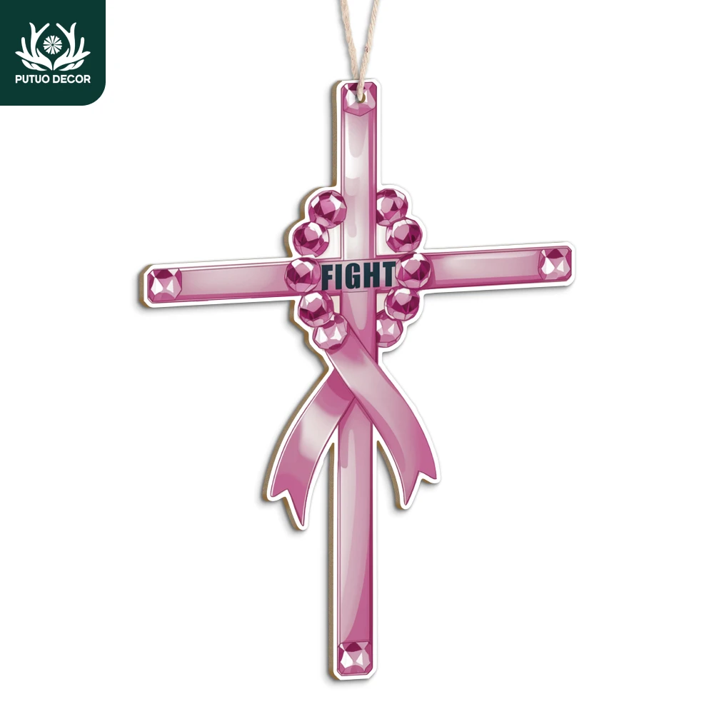 Putuo Decor 1pc Pink Cross Wood Hang Borden Decoration, Wall Decor for Home Living Room Bedroom, Breast Cancer Advocacy, Fight