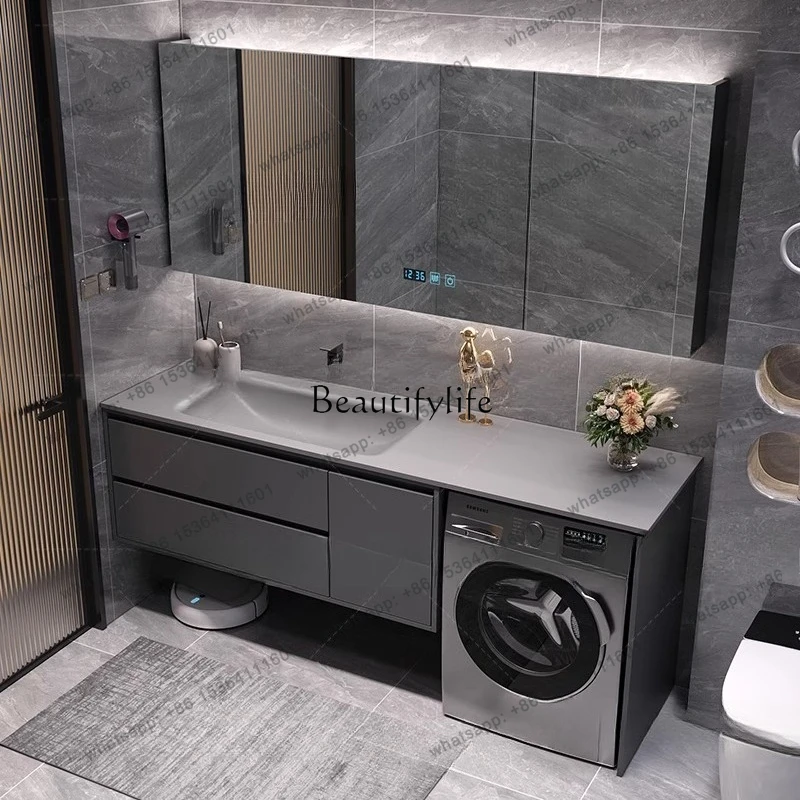 Customized washing machine cabinet, bathroom cabinet combination, rock slab hot bending integrated basin, space gray.