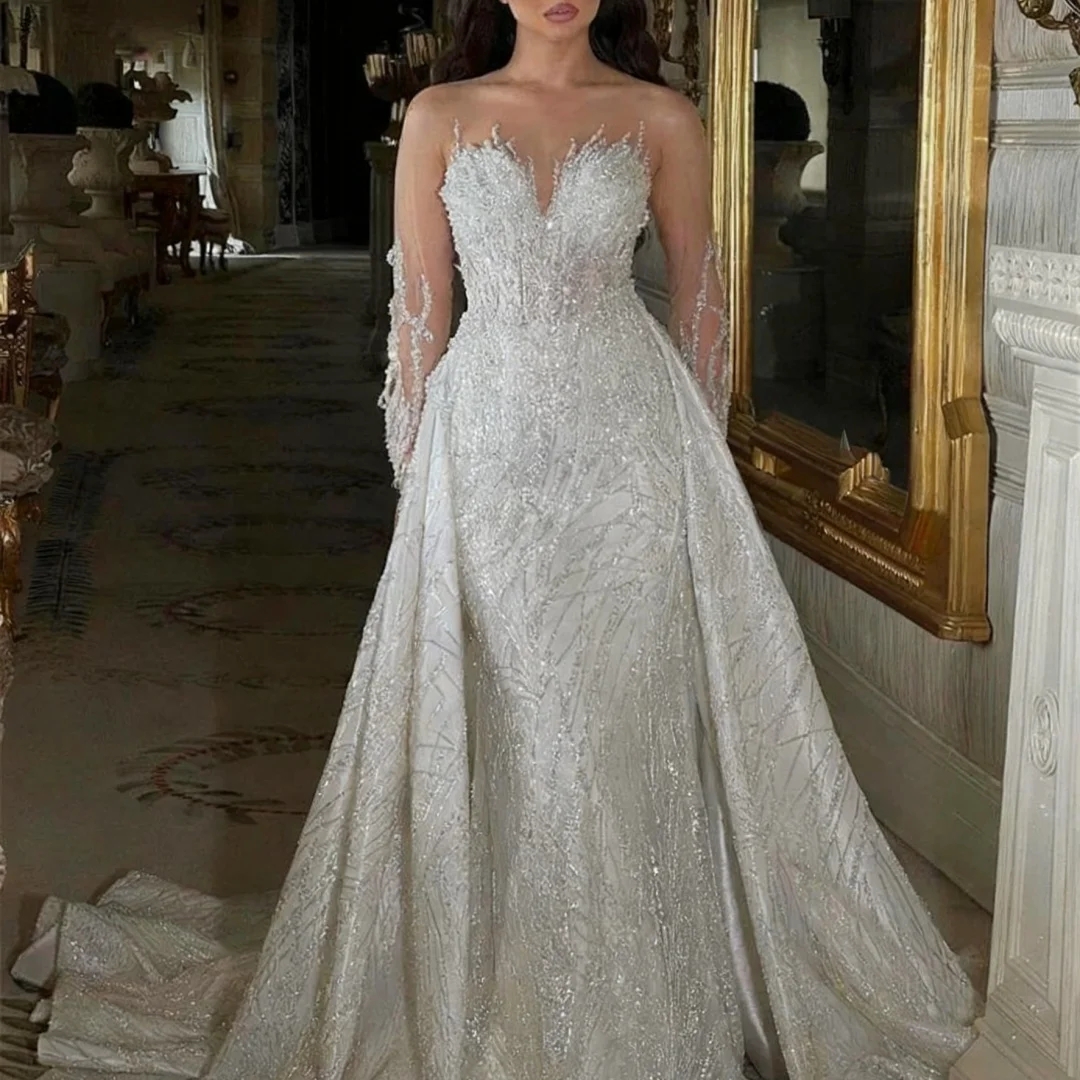 Vestidos de casamento personalizados sereia rendas vestidos de noiva sem alças com mangas até o chão vestido de noiva