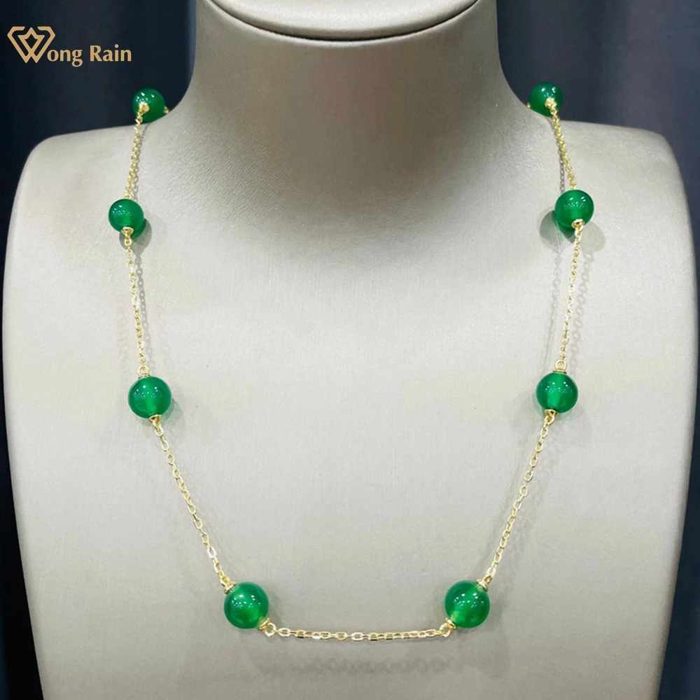 

Wong Rain 18K Gold Plated 925 Sterling Silver 8 MM Green Jade Gemstone Vintage Necklace for Women Fine Jewelry Anniversary Gifts