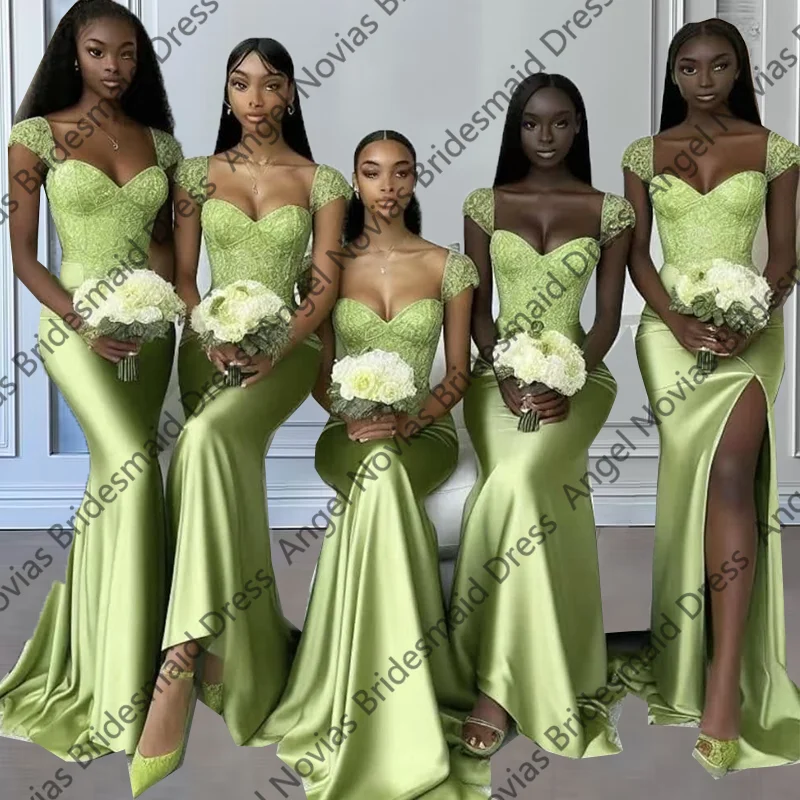 فساتين وصيفة الشرف طويلة مثيرة باللون الأخضر بأكمام قصيرة من الساتان لحفلات الزفاف فستان الضيوف بفتحة الساق فساتين خادمة الشرف مقاس كبير #1