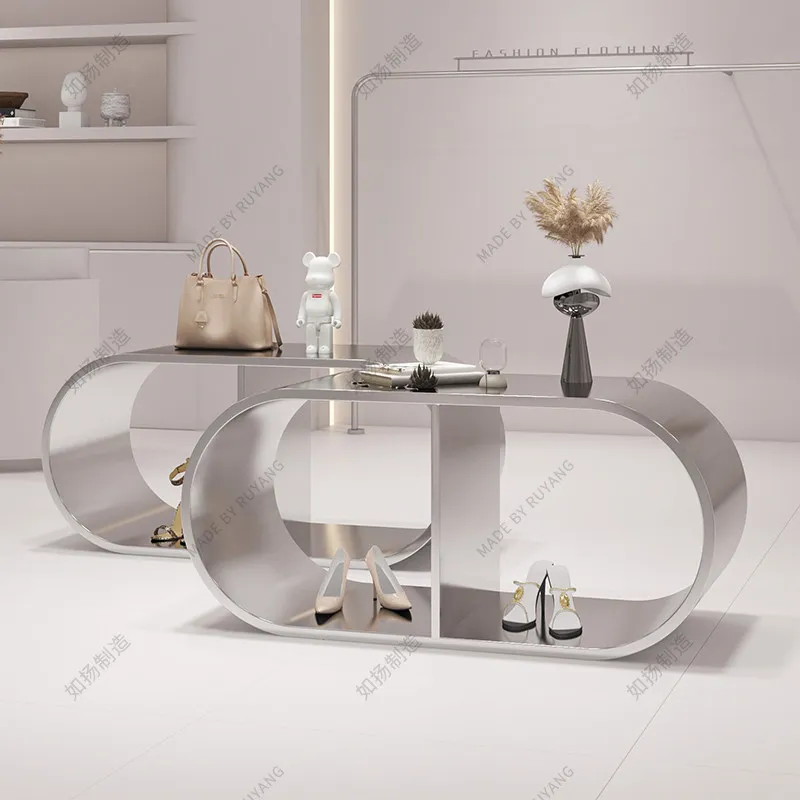 Stainless steel brushed water table clothing store display table women's clothing store shoe bag oval middle island window