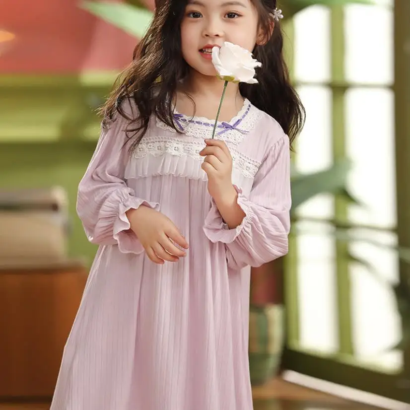 

100% Cotton Girl Palace Nightgown Kids Long Sleeve Lace Patchwork Homeclothes High Quality Nightdress Children Pajamas Wz752