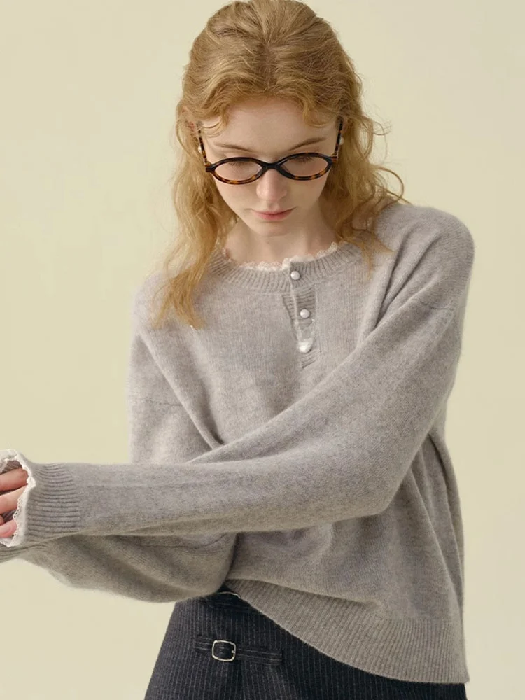 

Lace Trim Knitted Wool Sweater Casual Versatile Base Layer Top Korean Sle Commute Faion Regular Fit Long Sve Crew Ne