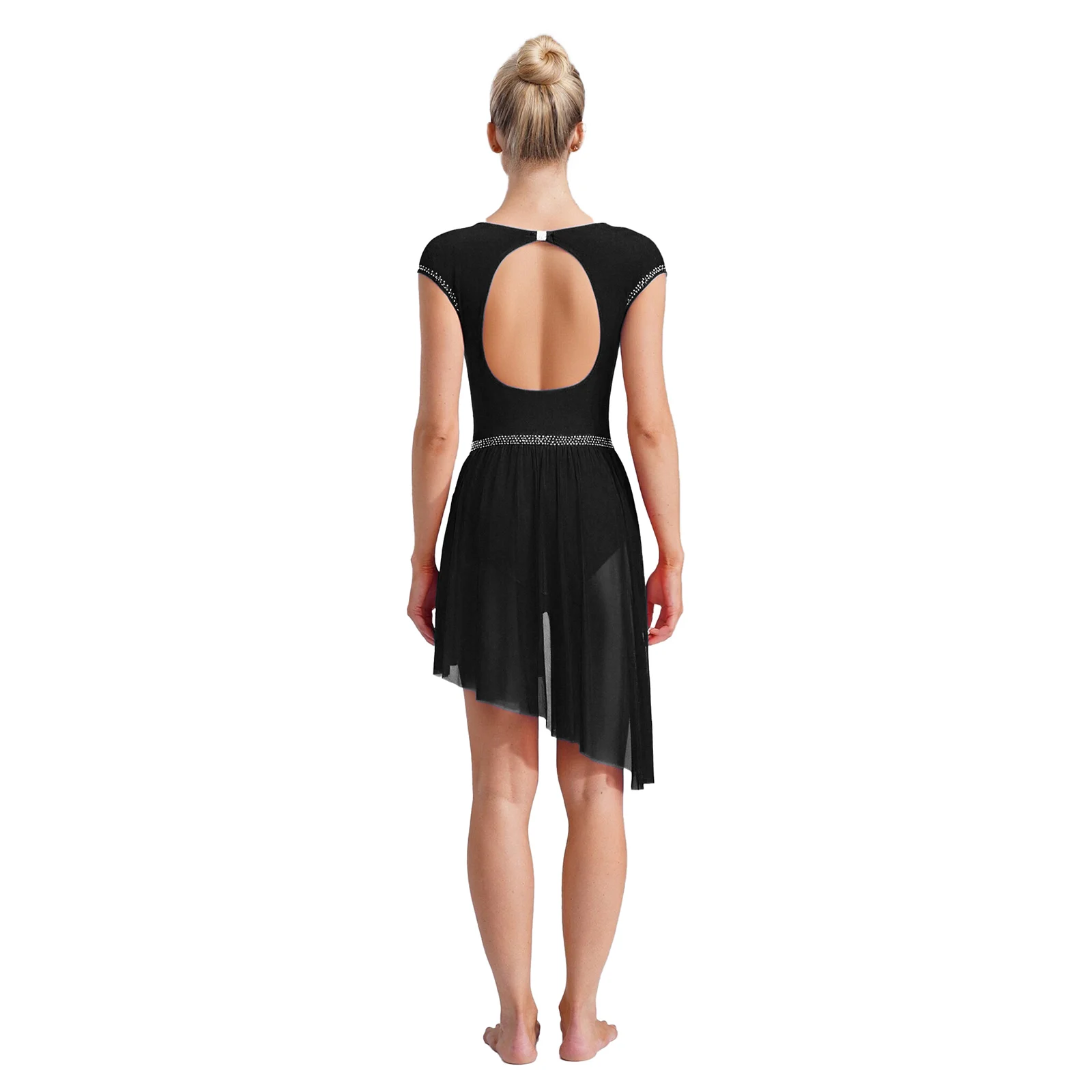 여성용 댄스 레오타드 드레스 주름 메쉬 오버레이와 라인스톤 불규칙한 밑단 크로치 바디수트 피겨 스케이팅 드레스