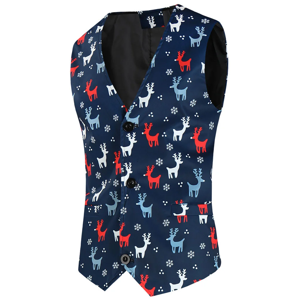 Mens Christmas Suit Vest Single-Breasted Tank Holiday Festival Xmas Elk Snowflakes Printed Jacquard Waistcoat Halloween Party 
