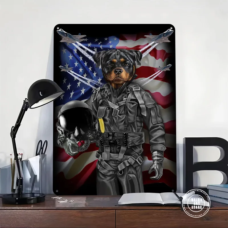 Rottweiler in Air Force Poster Customized Vintage Metal Signs Wall Art Retro Tin Plaque for Modern Home Decoration Luxury House