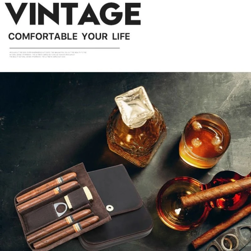 

Luxury 4-Cigar Capacity Genuine Leather Travel Humidor Case, Built-in Slots for Lighter & Cutter Elegant Men’s Gift