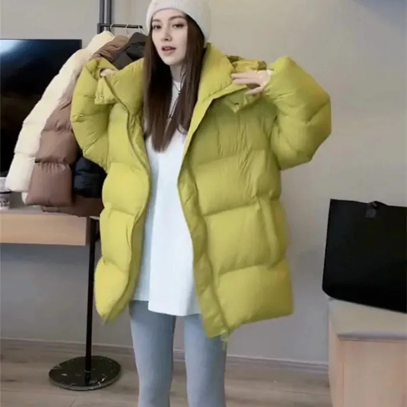 

2025 Ladies Hooded Down Cotton Jacket Winter Femme Casual Loose Cotton Padded Coat Korean Women Fashion Long Sleeves Parkas Top