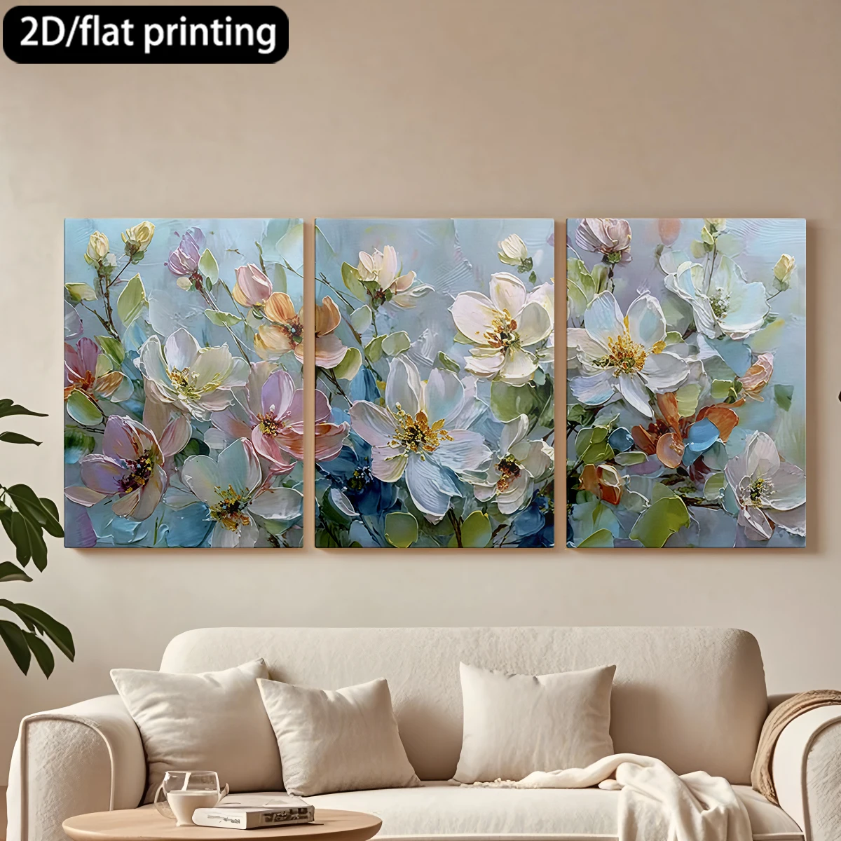 

Трехпанельная декоративная картина на холсте. Картина с цветами, мягкие оттенки, художественные мазки.