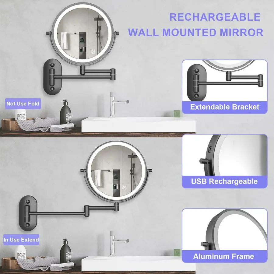 Specchio per trucco montato con luci, supporto da parete per specchio ingranditore 10x per vanità, bagno e rasatura, montaggio a parete ricaricabile