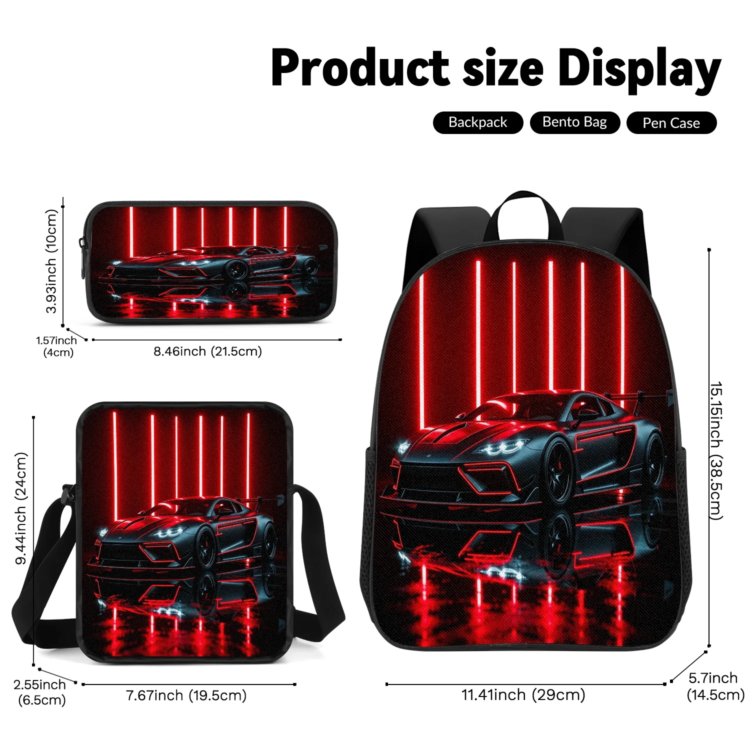 3-Piece Neon Sports Car Print Backpack Set, Includes Backpack, Crossbody Bag and Pencil Case, Lightweight Unisex