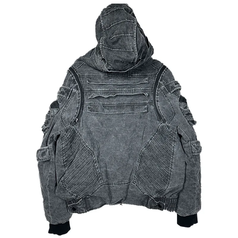 Wasteland Style Pleated Fabric Deconstruction Hooded Cottot Jacket Distressed Stereoscopic Pockets Thicken Warm Coat Men